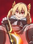  armor axe blonde_hair brave_frontier breasts cleavage covering covering_crotch drill_hair gauntlets hairband hakika large_breasts long_hair looking_at_viewer michele_(brave_frontier) miniskirt red_background red_eyes sitting skirt slit_pupils smile solo weapon 