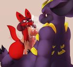  breasts canine cherrycario_(character) cum cum_on_breasts cum_on_face ear_piercing female fur lucario male mammal nintendo nipples open_mouth penis piercing pok&eacute;mon red_eyes red_fur redimplight sitting titfuck video_games 
