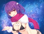  bekotarou bikini blush breasts christmas original ponytail purple_hair red_eyes scarf swimsuit wristwear 