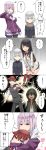  1boy 1girl 2boys 3girls 4koma anoshiras_ii anti_(ssss.gridman) ass bag bangs black_hair black_legwear black_pants black_skirt blue_eyes blush bow bowtie breasts brown_footwear brown_scarf cardigan collared_shirt comic commentary_request couple dark_skin eyebrows_visible_through_hair ftj7y hand_holding hand_on_hip hand_to_own_mouth hand_up hands_on_own_thighs heart hetero hibiki_yuuta highres hood hood_up hooded_jacket hug hug_from_behind jacket jacket_tug large_breasts long_hair long_sleeves looking_at_another looking_at_viewer medium_breasts miniskirt multiple_boys multiple_girls navy_blue_shirt necktie open_clothes open_jacket pants pantyhose phone pink_bow pink_hair pink_neckwear pleated_skirt purple_jacket purple_shirt red_bow red_eyes red_hair red_legwear red_neckwear scarf school_uniform shinjou_akane shirt shoes short_hair short_sleeves silver_hair skirt sleeves_rolled_up sneakers speech_bubble ssss.gridman sweatdrop sweater takarada_rikka thighs translation_request waistcoat white_cardigan white_shirt white_sweater wing_collar 