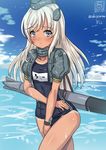  bare_shoulders blue_eyes blue_sky blush bracelet cloud cosplay covering covering_crotch cowboy_shot cropped_jacket day garrison_cap hat headgear jewelry kantai_collection long_hair looking_at_viewer military_hat name_tag one-piece_swimsuit parted_lips puffy_short_sleeves puffy_sleeves ro-500_(kantai_collection) sakiyamama school_swimsuit short_sleeves sky solo swimsuit tan tanline torpedo twitter_username u-511_(kantai_collection) u-511_(kantai_collection)_(cosplay) wet white_hair 