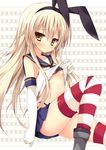  bad_id bad_pixiv_id bikini bikini_under_clothes black_bikini blonde_hair blue_skirt blush elbow_gloves gloves hairband huei_nazuki kantai_collection lifted_by_self long_hair sailor_collar shimakaze_(kantai_collection) shirt_lift skirt solo striped striped_legwear swimsuit swimsuit_under_clothes thighhighs white_gloves yellow_eyes 