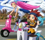  2girls blue_eyes blue_hair gen_2_pokemon green_eyes ground_vehicle lovrina_(pokemon) lowres lugia mana_(pokemon) moped motor_vehicle multiple_girls pink_hair pokemon pokemon_(creature) pokemon_(game) pokemon_xd red_hair ryuuto_(pokemon) scooter 