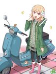  1girl :d bird blonde_hair boots butterfly candy eating flower flower_on_head hair_flower hair_ornament jacket kenkaizar lollipop misono_chiaya motor_vehicle open_mouth pantyhose pink_boots pink_eyes scooter signature smile solo standing the_rolling_girls vehicle vespa 