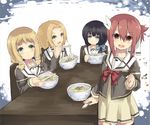  :d blush bowl chopsticks eating food hair_ornament inubouzaki_fuu inubouzaki_itsuki looking_at_viewer multiple_girls noodles normaland open_mouth ramen sanshuu_middle_school_uniform school_uniform serafuku smile tougou_mimori yuuki_yuuna yuuki_yuuna_wa_yuusha_de_aru yuusha_de_aru 