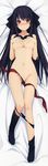  absurdres ao_no_kanata_no_four_rhythm areola_slip areolae bed_sheet black_bra black_hair black_legwear black_panties blush bra bra_lift breasts covering covering_breasts dakimakura full_body hair_ribbon highres huge_filesize kneehighs large_breasts long_hair lying navel no_shoes on_back panties panty_pull purple_eyes ribbon solo suzumori sweat tobisawa_misaki underwear very_long_hair 