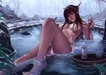  alcohol artist_name barefoot black_hair breasts brown_eyes choko_(cup) cup dated hair_censor hair_over_breasts headgear kachima kantai_collection large_breasts lips long_hair looking_at_viewer nagato_(kantai_collection) nude onsen outdoors parted_lips reclining sake smile solo tokkuri tree water 
