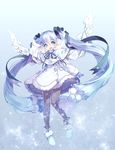  ankle_boots black_legwear blue_eyes blue_hair blush boots coat fujishima-sei_ichi-gou fur_boots hair_ribbon hatsune_miku highres long_hair looking_at_viewer md5_mismatch mittens open_mouth pantyhose ribbon scarf smile solo twintails very_long_hair vocaloid 