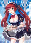 1girl apron blue_eyes bow breasts cleavage cup hair_bow juliet_sleeves long_sleeves maid maid_headdress medium_breasts moe2015 original puffy_sleeves rapueru red_hair solo symbol-shaped_pupils teacup teapot thighhighs tray twintails white_legwear 