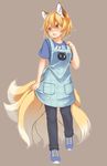  :o alternate_costume animal_ears animal_print apron blonde_hair blush cat_print clothes_writing commentary_request contemporary fox_ears fox_tail full_body multiple_tails no_hat no_headwear open_mouth pants shirt shoes short_hair short_sleeves simple_background sneakers solo standing sweat t-shirt tail tamahana touhou yakumo_ran yellow_eyes 