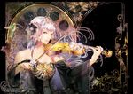  album_cover bare_shoulders bird black_dress bow_(instrument) cover detached_sleeves dress flower hair_flower hair_ornament heterochromia highres hummingbird instrument long_sleeves looking_at_viewer music original playing_instrument silver_hair solo violin wide_sleeves yuu_(arcadia) 