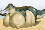  ! 2014 absurd_res anthro belly bertha big_belly big_breasts blue_scales breasts brown_scales claws desert dragon duo elder_dragon female fuzzychicken green_eyes hi_res holding horn human jhen_mohran macro mammal nipples nude obese overweight sand scalie ship size_difference sky tan_scales vehicle 