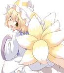  :d blonde_hair dress fox_tail hat looking_at_viewer looking_back multiple_tails natsu_no_koucha open_mouth short_hair sitting smile sweat tail touhou wide_sleeves yakumo_ran yellow_eyes 