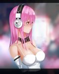 bad_id bad_pixiv_id bare_shoulders blush bow bowtie breasts cleavage headphones highres large_breasts letterboxed long_hair looking_away nitroplus pink_eyes pink_hair solo super_sonico yykuaixian 