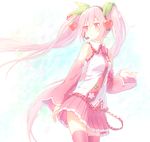  cherry detached_sleeves food fruit hatsune_miku headset kohaku. long_hair necktie pink_eyes pink_hair pink_legwear pink_skirt sakura_miku skirt solo thighhighs twintails very_long_hair vocaloid zettai_ryouiki 