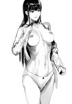  1girl bangs black_hair blunt_bangs breasts commentary_request cowboy_shot greyscale highres kurofood large_breasts long_hair monochrome navel nipples open_clothes original panties removing_shirt screentones shirt sidelocks solo underwear uniform white_background white_shirt 
