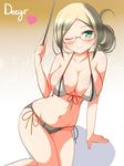  bikini blush breasts deego_(omochi_bazooka) glasses green_eyes kantai_collection katori_(kantai_collection) large_breasts looking_at_viewer one_eye_closed silver_hair smile solo swimsuit 