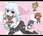  &gt;_&lt; akatsuki_(kantai_collection) animal_ears black_eyes black_legwear blue_hair brown_hair cat_ears cat_tail chibi chocolate chocolate_heart closed_eyes commentary_request folded_ponytail food food_on_face gloves heart hibiki_(kantai_collection) ikazuchi_(kantai_collection) inazuma_(kantai_collection) kantai_collection letterboxed long_hair long_sleeves multiple_girls neckerchief no_shoes open_mouth pink_background plate pleated_skirt pumo_(kapuchiya) school_uniform serafuku short_hair simple_background skirt solid_oval_eyes tail tasting thighhighs twitter_username valentine whisk 