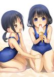  absurdres barefoot black_hair blush brown_eyes eating fang food food_on_face hand_on_another's_thigh highres ice_cream ice_cream_cone ice_cream_on_face km_(nijie104352) multiple_girls one-piece_swimsuit open_mouth original ponytail purple_eyes sand school_swimsuit seiza short_hair sitting soft_serve swimsuit wariza 