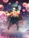  black_legwear bow bubble bug butterfly cable gengetsu_chihiro green_eyes green_hair hat hat_bow hat_removed headwear_removed highres insect komeiji_koishi lamp long_sleeves mouth_hold pantyhose ribbon ribbon_in_mouth shirt sitting skirt solo touhou wide_sleeves 