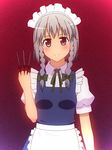  anime_coloring apron bad_id bad_pixiv_id blue_dress blue_eyes blush braid dress frilled_apron frills green_ribbon hair_ribbon holding holding_knife izayoi_sakuya knife knives_between_fingers looking_at_viewer maid_apron maid_headdress mikomiko_(mikomikosu) puffy_short_sleeves puffy_sleeves ribbon shirt short_sleeves silver_hair solo touhou tress_ribbon twin_braids vest waist_apron white_shirt 