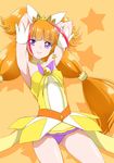  amanogawa_kirara armpits arms_behind_head bare_shoulders choker cure_twinkle earrings go!_princess_precure izuna_masaru jewelry long_hair looking_at_viewer magical_girl multicolored_hair orange_background orange_hair precure purple_eyes red_hair solo star star_earrings twintails two-tone_hair very_long_hair 