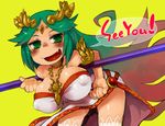  al_bhed_eyes bent_over blush breasts commentary_request downblouse dress english fang green_eyes green_hair huge_breasts jewelry kid_icarus long_hair masha necklace open_mouth palutena simple_background smile solo speech_bubble staff talking tooth yellow_background 