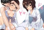  1girl bad_id bad_twitter_id bed biting blush brown_eyes brown_hair clothed_female_nude_male ear_biting fingering girls_und_panzer hetero japanese_clothes kimono nishizumi_maho nksk nude sweat translation_request 