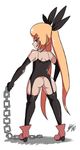  alternate_costume ankle_boots ass bad_id bad_tumblr_id bigdead93 black_gloves black_legwear blazblue blonde_hair boots chain dominatrix from_behind gloves hair_ribbon highres long_hair looking_back no_panties rachel_alucard red_eyes ribbon solo spaghetti_strap thighhighs twintails very_long_hair 