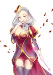  alternate_costume arrow ashe_(league_of_legends) blue_eyes breasts cape cleavage feng_dai_hr finger_to_mouth frilled_legwear heart heartseeker_ashe league_of_legends long_hair looking_at_viewer medium_breasts petals silver_hair smile solo thigh_gap thighhighs zettai_ryouiki 