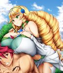  bare_shoulders blonde_hair bol_(liliymimi) breast_rest breasts breasts_on_head clenched_teeth drill_hair flower green_eyes hair_flower hair_ornament highres huge_breasts long_hair madan_no_ou_to_vanadis midriff navel red_hair smile sofya_obertas sweatdrop teeth thigh_gap tigrevurmud_vorn very_long_hair 