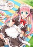  :d aqua_eyes black_tea blush creamer_(vessel) cup food from_above garters grass hair_ribbon highres hyuuga_azuri long_hair looking_at_viewer lying macaron maid maid_headdress milk moe2015 on_back open_mouth original outdoors pillow ribbon smile solo tea teacup teapot thighhighs twintails zettai_ryouiki 