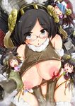  bird black_eyes black_hair blue_barret blush breasts cleavage_cutout eggplant glasses haruna_(kantai_collection) hatsuyume hiei_(kantai_collection) highres kantai_collection kirishima_(kantai_collection) kongou_(kantai_collection) large_breasts long_hair looking_at_viewer meme_attire minigirl multiple_girls nipple_ribbon nipples open-chest_sweater open_mouth ribbed_sweater short_hair solo_focus sweater 