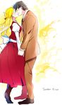  1girl black_hair blonde_hair character_name closed_eyes closed_mouth couple dress erina_pendleton formal hetero holding holding_hands jojo_no_kimyou_na_bouken jonathan_joestar phantom_blood short_hair smile suit text_focus xxxceller 