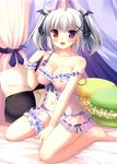  :d absurdres babydoll bed bed_sheet blush breasts cleavage covered_nipples curtains food full_body hair_ornament heterochromia highres ikegami_akane imouto_no_okage_de_mote_sugite_yabai large_breasts looking_at_viewer macaron navel nipples open_mouth panties pillow purple_eyes red_eyes ribbon-trimmed_underwear ribbon_trim see-through shiratori_kanae sitting smile solo underwear underwear_only wariza white_hair white_panties x_hair_ornament 
