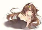  animal_ears breasts brown_eyes brown_hair cleavage futatsuiwa_mamizou futatsuiwa_mamizou_(human) glasses hair_ornament hairclip large_breasts leaf_hair_ornament lying on_side raccoon_ears sen1986 touhou 