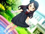  1girl barefoot black_dress black_hair dress dutch_angle long_hair looking_at_viewer ojousama_no_hima_tsubushi outdoors sol-fa-soft solo yoshida_seiji 