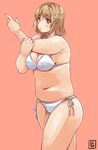  :o belly bikini blonde_hair blush breasts brown_eyes cowboy_shot erect_sawaru flower hair_flower hair_ornament highres idolmaster idolmaster_cinderella_girls looking_at_viewer medium_breasts mimura_kanako navel plump short_hair side-tie_bikini solo stretch swimsuit 