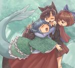  animal_ears arm_around_neck blouse blue_background blue_hair bow brown_hair claws closed_eyes disembodied_head dress drill_hair flying_sweatdrops grass_root_youkai_network hair_bow hand_on_another's_shoulder head_fins heart hug imaizumi_kagerou japanese_clothes kimono layered_clothing layered_dress long_hair mermaid miniskirt monster_girl motion_lines multiple_girls one_eye_closed open_mouth pleated_skirt red_eyes red_hair sekibanki short_hair skirt slit_pupils touhou twin_drills usou_(aomidori) wakasagihime wolf_ears 