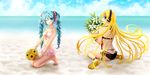  back barefoot beach bikini black_bikini blonde_hair blue_eyes blue_hair bouquet bracelet braid day flower hatsune_miku headset high_heels highres hinana37 jewelry kneeling lily_(flower) lily_(vocaloid) long_hair looking_at_viewer looking_back multiple_girls ocean one_eye_closed pink_bikini sandals seaside sitting smile swimsuit tattoo tongue tongue_out twin_braids vocaloid wariza 