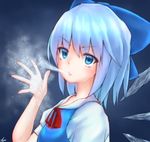  blue_background blue_eyes blue_hair breath cirno frost highres kisamu_(ksmz) looking_at_viewer open_hand ribbon short_hair signature solo touhou upper_body wings 