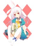  animal_ears ankle_ribbon blush bunny_ears dress gatakenjin highres long_hair original oversized_object pocket_watch red_eyes ribbon sitting solo thighhighs watch white_hair wrist_cuffs 