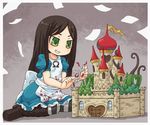  1girl alice:_madness_returns alice_(wonderland) alice_in_wonderland american_mcgee&#039;s_alice american_mcgee's_alice apron black_hair boots castle dress green_eyes long_hair mizuno_mumomo 