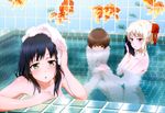  :o absurdres alternate_hairstyle animal_print bathhouse bathing black_hair blonde_hair blush breasts brown_hair cleavage fish_print green_eyes hair_down hair_up highres kunogi_ai medium_breasts multiple_girls non-web_source nude nyantype official_art ogasawara_rinko parted_lips red_eyes shirobako short_hair small_breasts tile_wall tiles towel water yasuhara_ema 