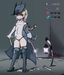  bikini blood bloodborne boots brown_hair chain clitoris_piercing flat_chest freckles gameplay_mechanics gray_bear hat high_heels highres linked_piercing long_coat micro_bikini money money_hold nipple_piercing off_shoulder over-kneehighs piercing prostitution red_eyes short_hair solo suggestive_fluid swimsuit tally thighhighs 