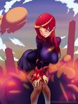  breasts commentary consensual_tentacles eyeshadow hands_on_own_knees ian_chase jewelry large_breasts leaning_forward long_hair makeup monster necklace pantyhose parasoul_(skullgirls) pendant red_hair skirt skirt_set skullgirls solo sunset taut_clothes tentacles yellow_eyes 
