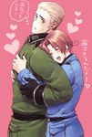  ahoge axis_powers_hetalia belt blonde_hair blue_eyes blush brown_hair closed_eyes couple germany_(hetalia) gloves hair_slicked_back heart hug hug_from_behind jacket male_focus military military_uniform multiple_boys northern_italy_(hetalia) personification pink_background pocket short_hair sweat takosu thought_bubble translation_request uniform yaoi 