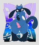  2015 3_toes abstract_background animal_genitalia anthro balls canine collar cum erection fur knot male mammal navel nintendo nude penis pink_eyes pok&eacute;mon riolu smile solo standing tailidraws toes video_games 