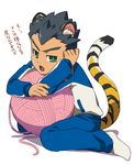  animal_ears blue_hair fang full_body inazuma_eleven inazuma_eleven_(series) male_focus norun solo tail tiger_boy tiger_ears tiger_tail utsunomiya_toramaru yarn yarn_ball 