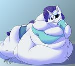  093_(artist) 2015 anthro anthrofied blue_eyes cleavage clothed clothing equine female friendship_is_magic fur hair horn mammal morbidly_obese my_little_pony navel obese overweight purple_hair rarity_(mlp) shadow shorts solo unicorn weight_gain white_fur 